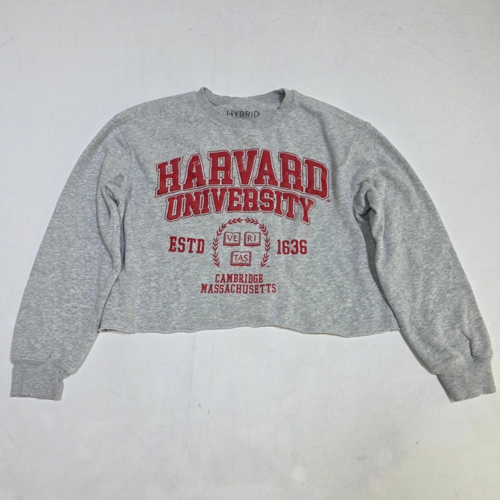 Hybrid Harvard University Sweatshirt Womens S Gray Cropped Raw Hem Pullover Logo